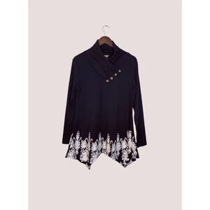 SeSe Code Black & White Long Sleeve Asymmetric Floral Longline Tunic Top Size M